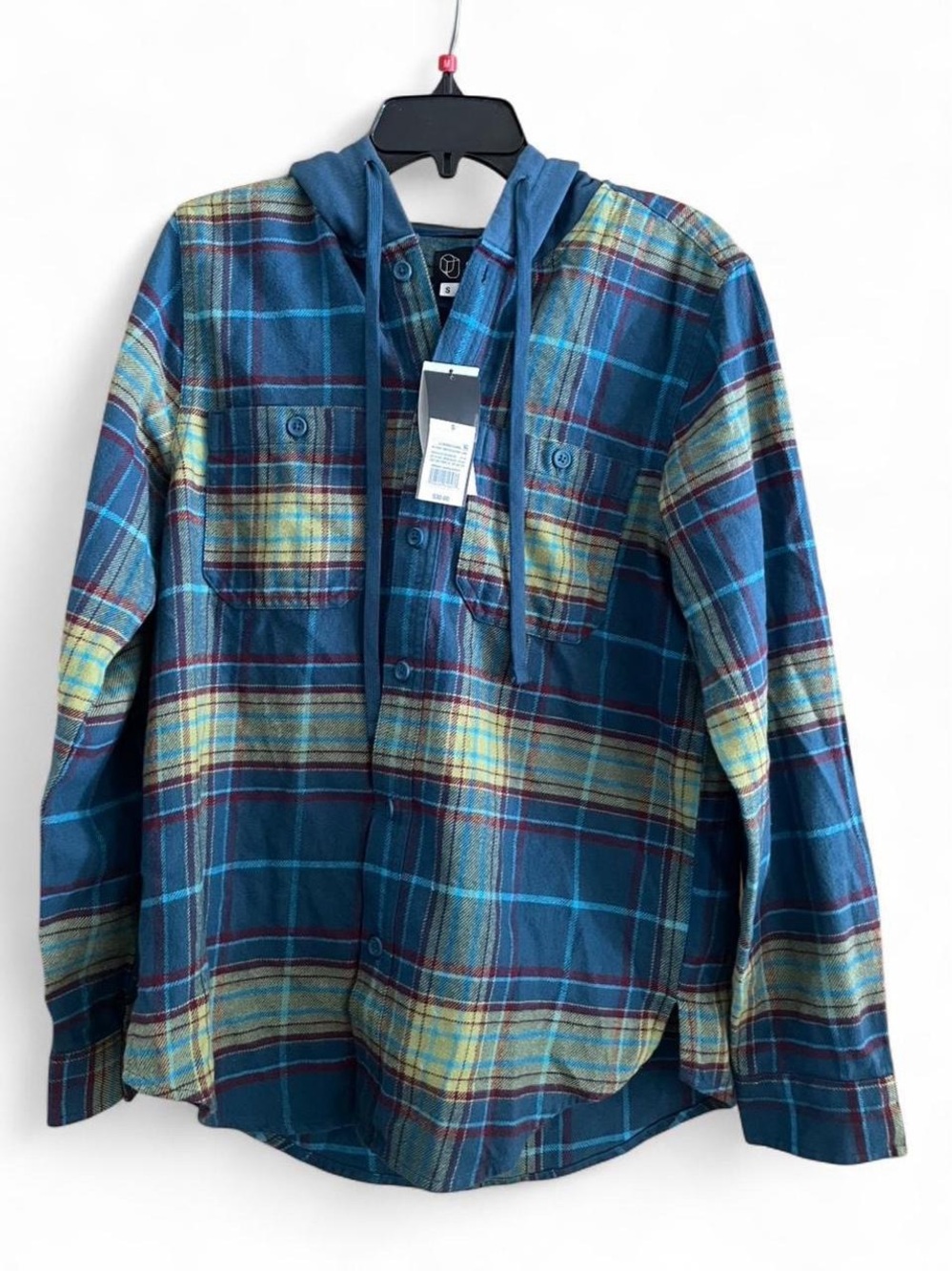 Original Use Blue and Yellow Plaid Hooded Button-Up Shirt